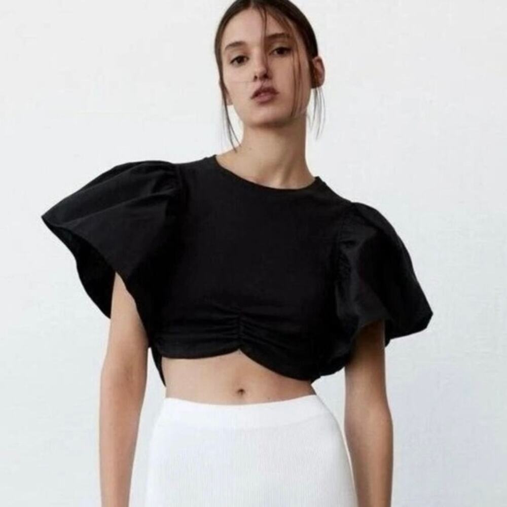 Zara Ruffled Crop Top Statement Short Sleeve Ruched Black Size Small